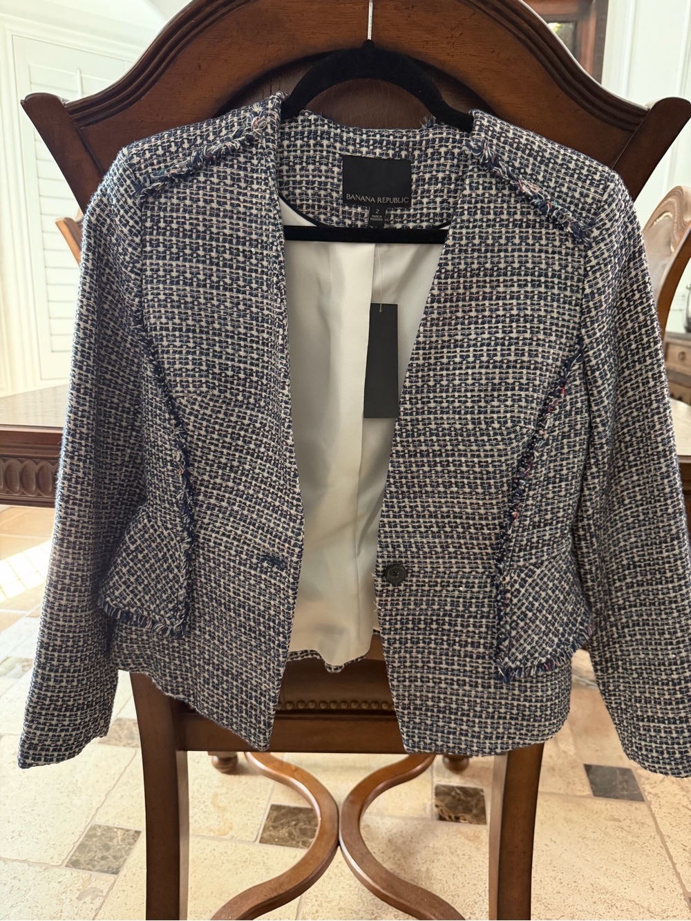 Banana Republic Navy and White Tweed Open-Front Blazer